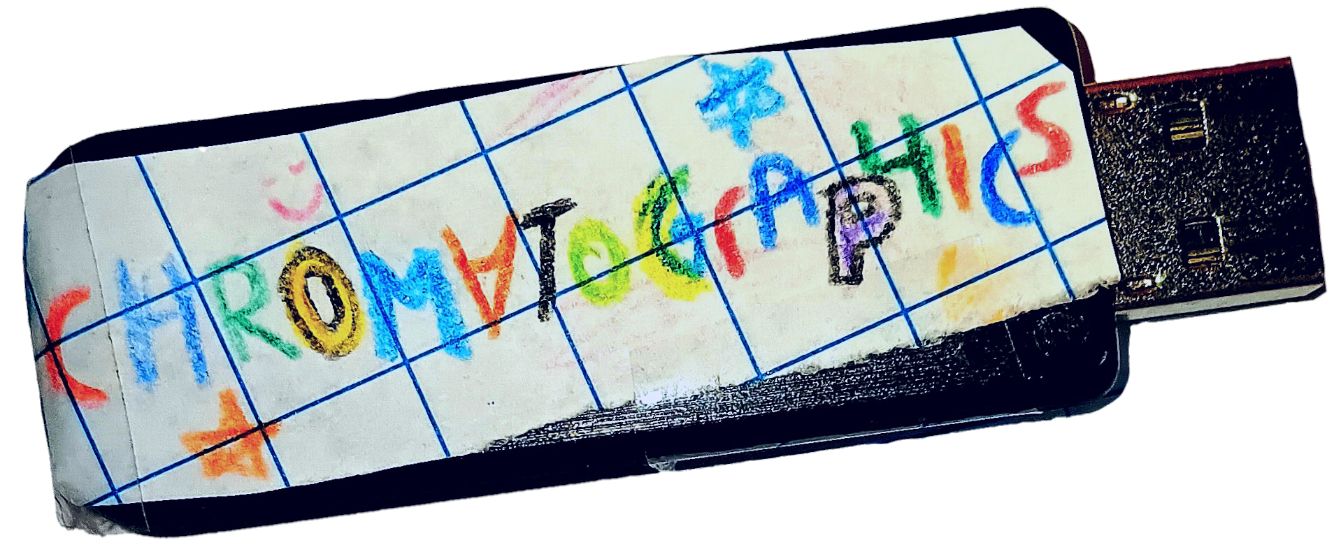 a picture of a usb pen drive. taped on top is the words CHROMATOGRAPHICS handwritten in colour pencil on grid paper