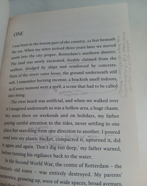 the first page of the book 'in ascension' by martin macinnes, with scribbled annotations in the margins